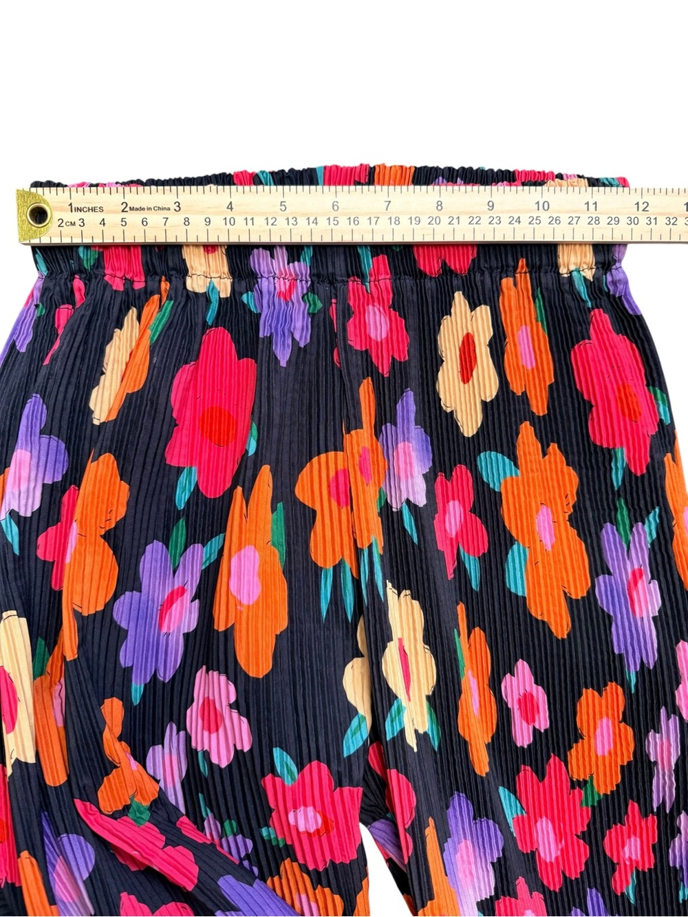 Floral Plisse Wide Leg Pants Black Multicolor High Rise Elastic Waist S - Picture 4 of 8